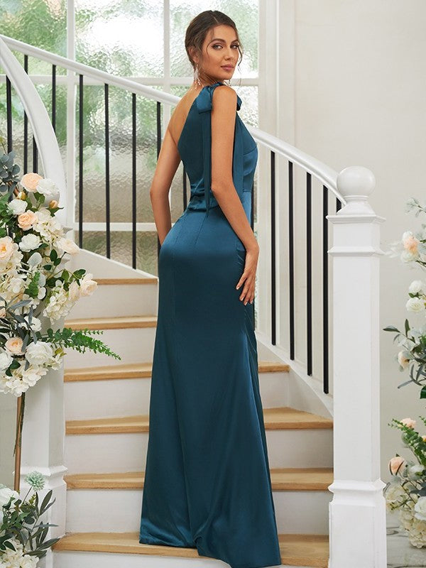 Satin Bowknot Sheath/Column Sleeveless One-Shoulder like Silk Floor-Length Bridesmaid Dresses