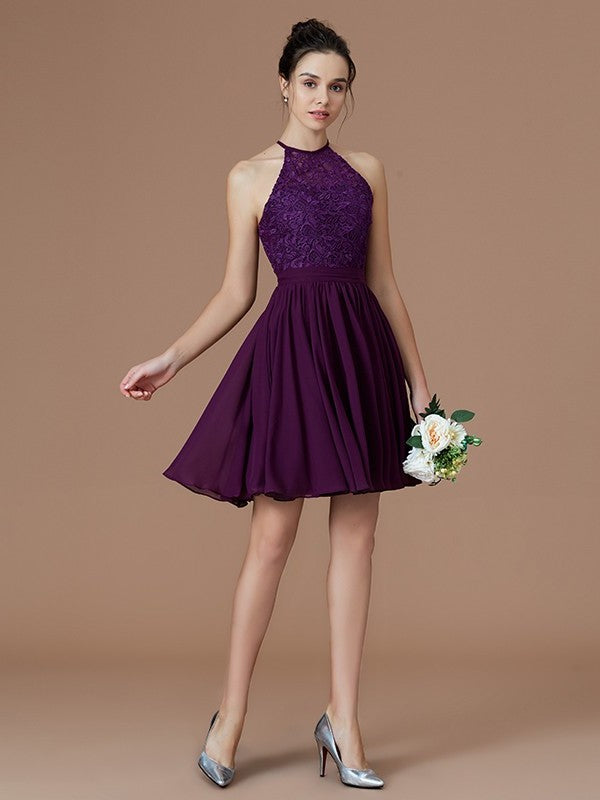 Short/Mini A-Line/Princess Sleeveless Halter Lace Chiffon Bridesmaid Dresses