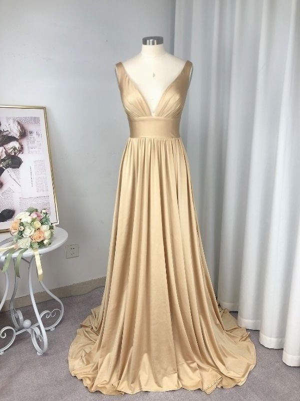 Sleeveless A-Line/Princess Ruffles V-neck Sweep/Brush Train Spandex Bridesmaid Dresses