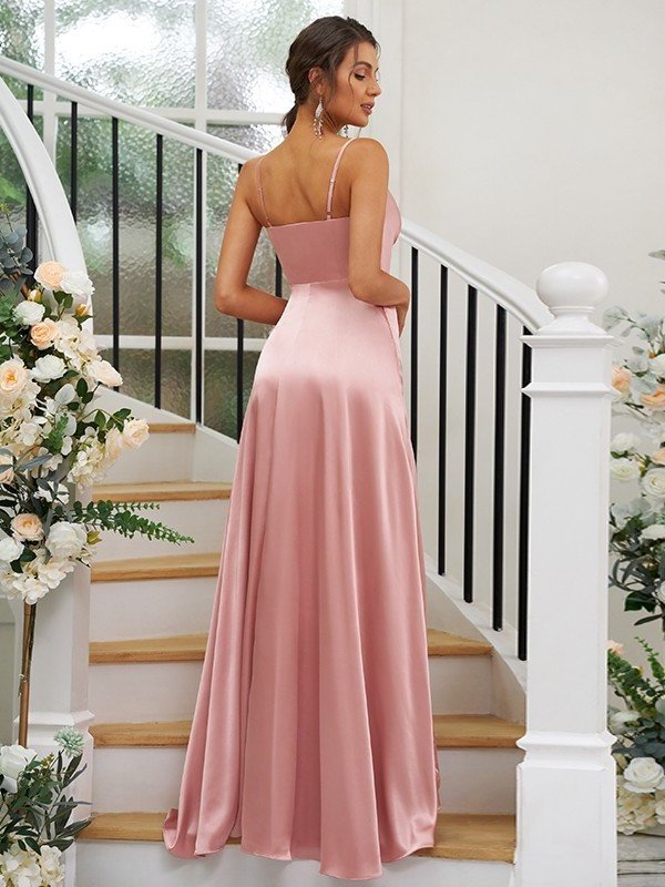 V-neck A-Line/Princess Silk Sleeveless like Satin Ruched Floor-Length Bridesmaid Dresses