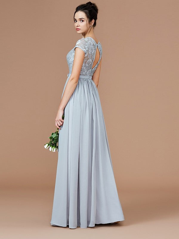 Lace A-Line/Princess Sleeves Short Jewel Floor-Length Chiffon Bridesmaid Dresses