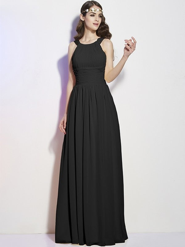 Bateau Long Pleats A-Line/Princess Sleeveless Chiffon Bridesmaid Dresses