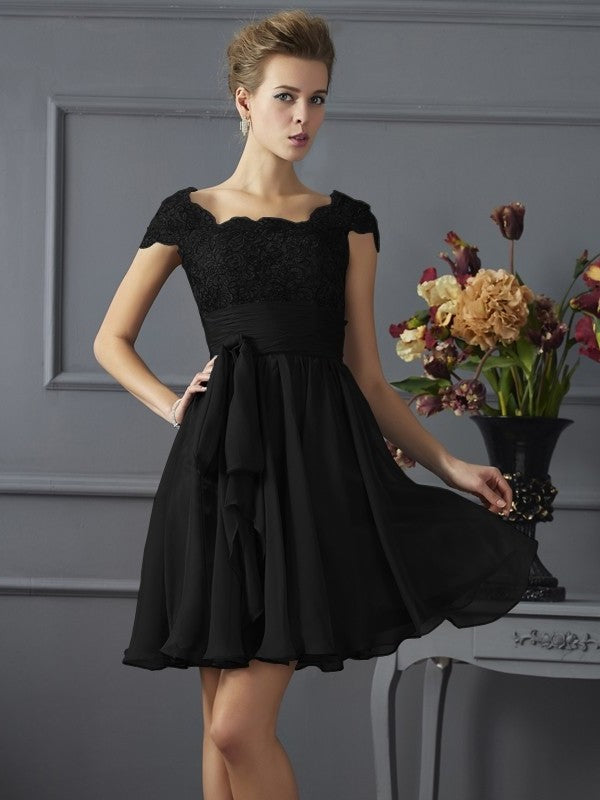 Sleeves Scoop A-Line/Princess Lace Short Short Chiffon Bridesmaid Dresses