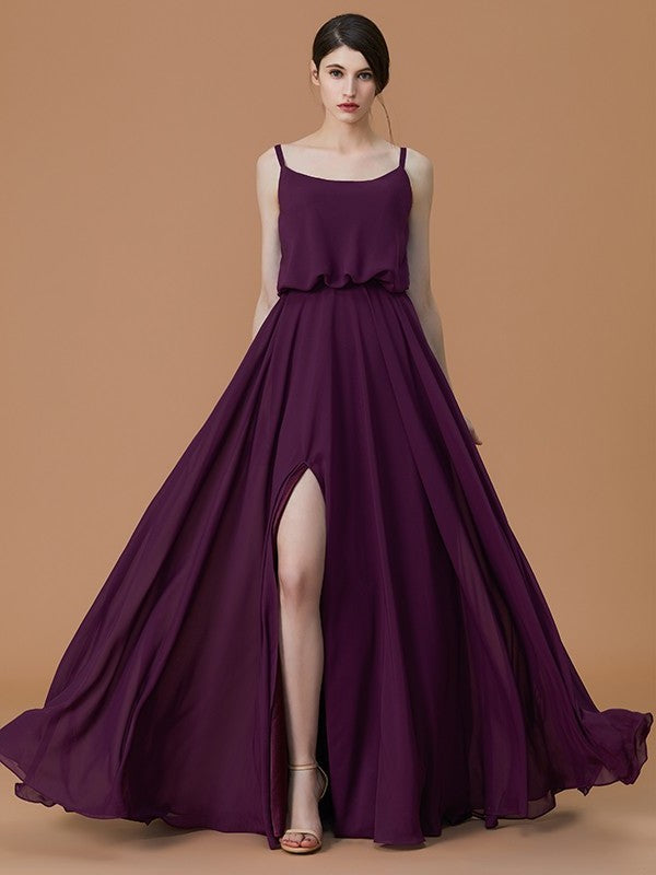 Floor-Length Ruffles Sleeveless A-Line/Princess Straps Spaghetti Chiffon Bridesmaid Dresses