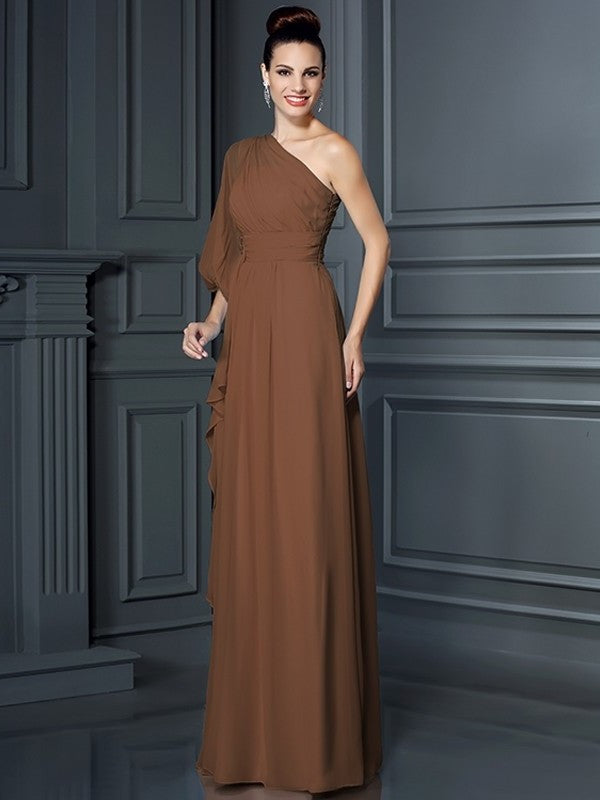 Long One-Shoulder Sleeves 3/4 Sheath/Column Chiffon Bridesmaid Dresses