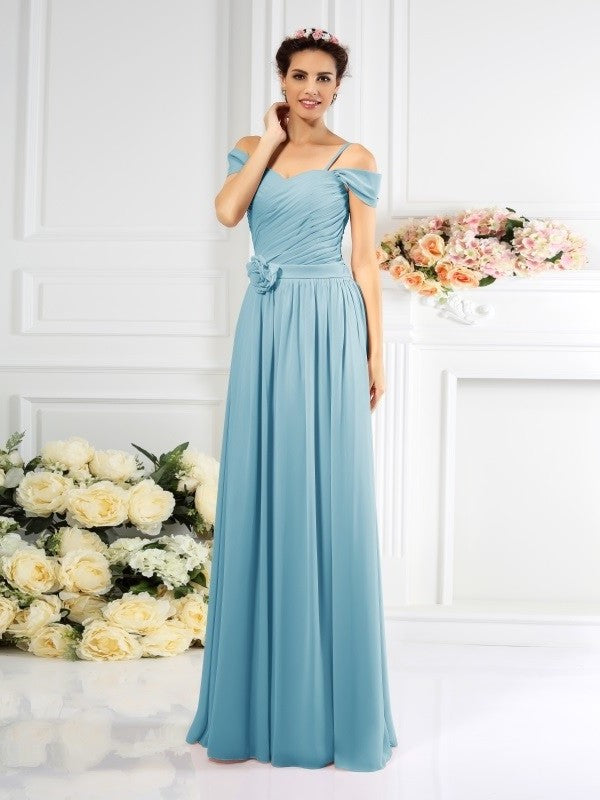 Sleeveless Long Straps Pleats A-Line/Princess Spaghetti Chiffon Bridesmaid Dresses