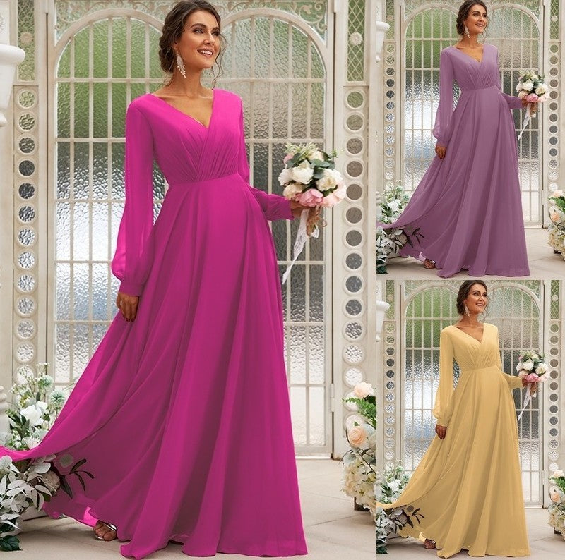 Chiffon Ruched Long V-neck Sleeves A-Line/Princess Floor-Length Bridesmaid Dresses