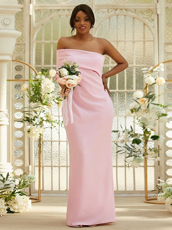 Sleeveless Sheath/Column Crepe Stretch Ruched One-Shoulder Floor-Length Bridesmaid Dresses