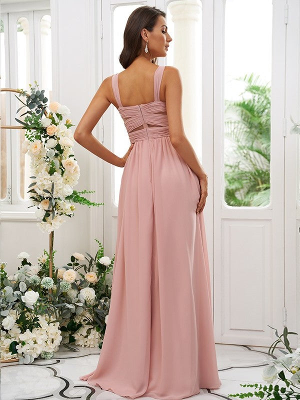 A-Line/Princess Sleeveless Straps Chiffon Ruched Floor-Length Bridesmaid Dresses