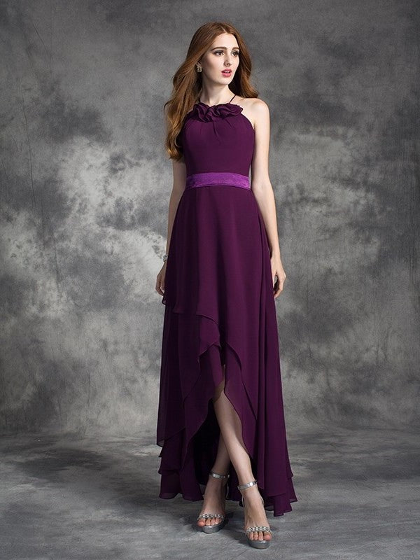 Halter Low A-line/Princess Sleeveless High Ruffles Chiffon Bridesmaid Dresses