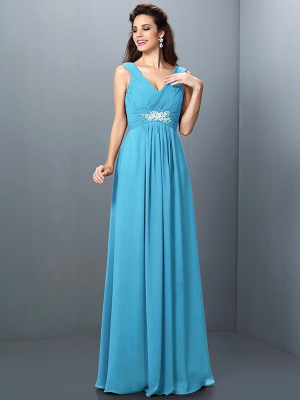 Long Sleeveless V-neck Pleats Beading A-Line/Princess Chiffon Bridesmaid Dresses