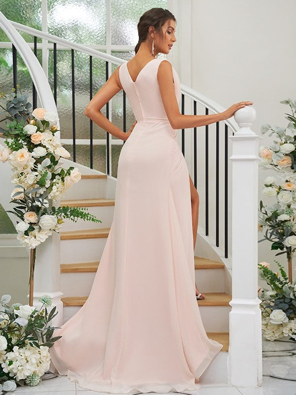 Ruched Sleeveless V-neck A-Line/Princess Sweep/Brush Chiffon Train Bridesmaid Dresses