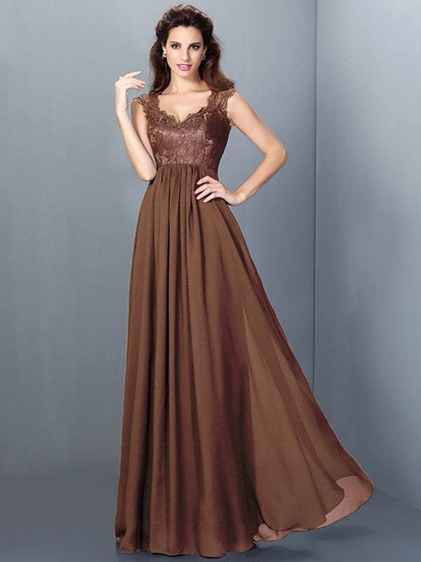 Scoop Long A-Line/Princess Lace Sleeveless Chiffon Bridesmaid Dresses