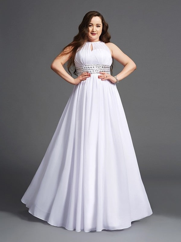 Sleeveless Chiffon Long Beading A-Line/Princess Jewel Plus Size Dresses