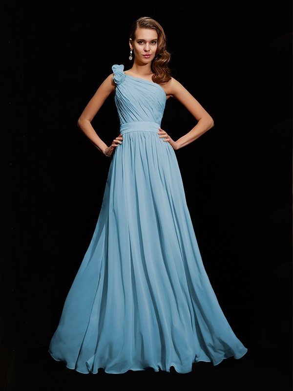 A-Line/Princess Hand-Made Sleeveless Flower One-Shoulder Long Chiffon Bridesmaid Dresses