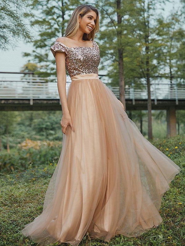 A-Line/Princess Sleeveless Off-the-Shoulder Tulle Sequin Floor-Length Bridesmaid Dresses