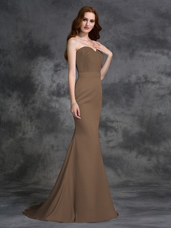 Sweetheart Beading Trumpet/Mermaid Sleeveless Satin Long Chiffon Bridesmaid Dresses