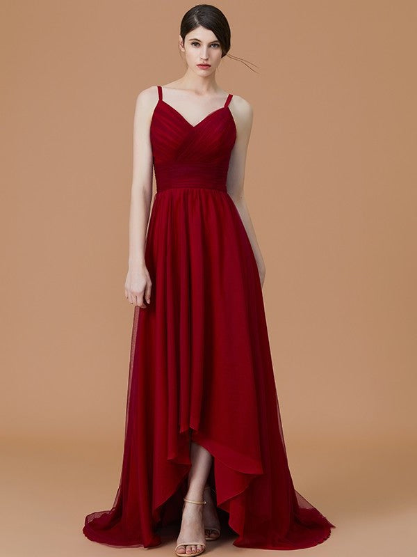 Ruffles Sleeveless Asymmetrical Spaghetti A-Line/Princess Straps Chiffon Bridesmaid Dresses