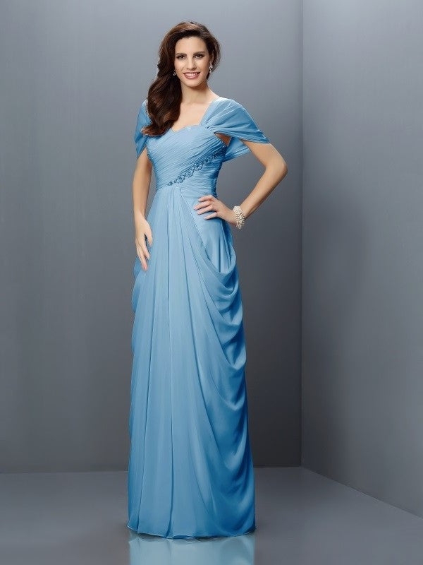 Long A-Line/Princess Pleats Sleeves Short Sweetheart Chiffon Bridesmaid Dresses