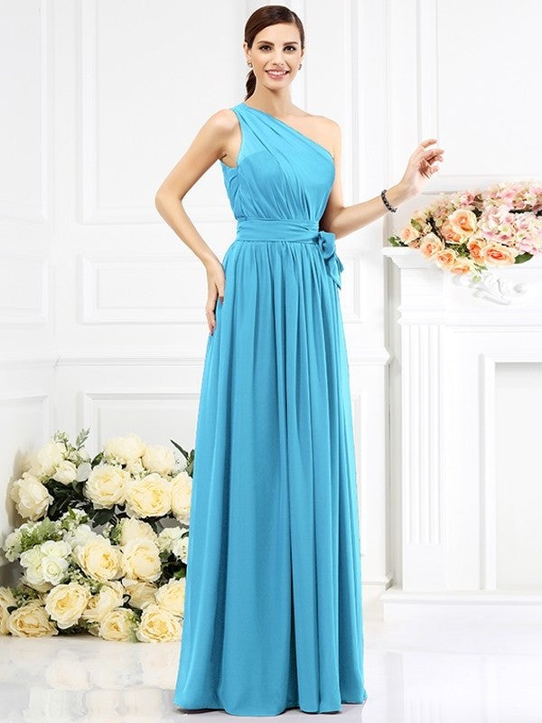 Long One-Shoulder Sash/Ribbon/Belt Sleeveless A-Line/Princess Chiffon Bridesmaid Dresses