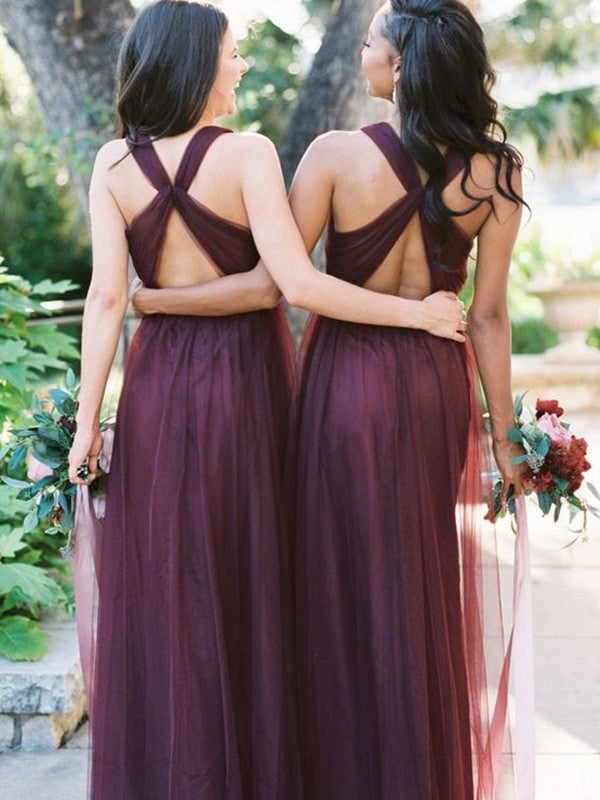 Halter Floor-Length Sleeveless A-Line/Princess Tulle Ruffles Bridesmaid Dresses