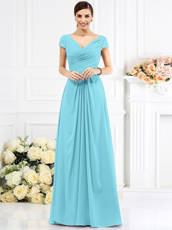 Long Pleats A-Line/Princess Short V-neck Sleeves Chiffon Bridesmaid Dresses