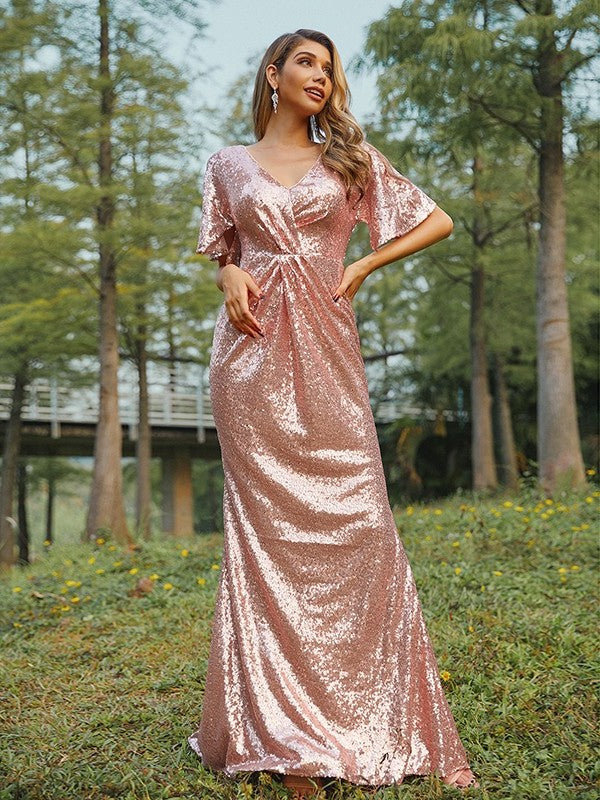 Sweep/Brush Ruched Sheath/Column Short Sequins V-neck Sleeves Train Bridesmaid Dresses