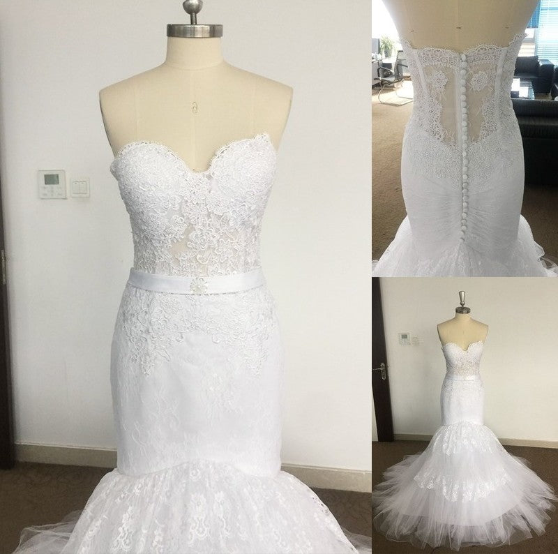 Train Sweetheart Lace Tulle Court Trumpet/Mermaid Sleeveless Wedding Dresses