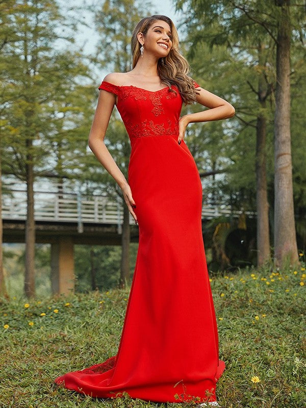 Applique Jersey Sheath/Column Off-the-Shoulder Sleeveless Sweep/Brush Train Bridesmaid Dresses