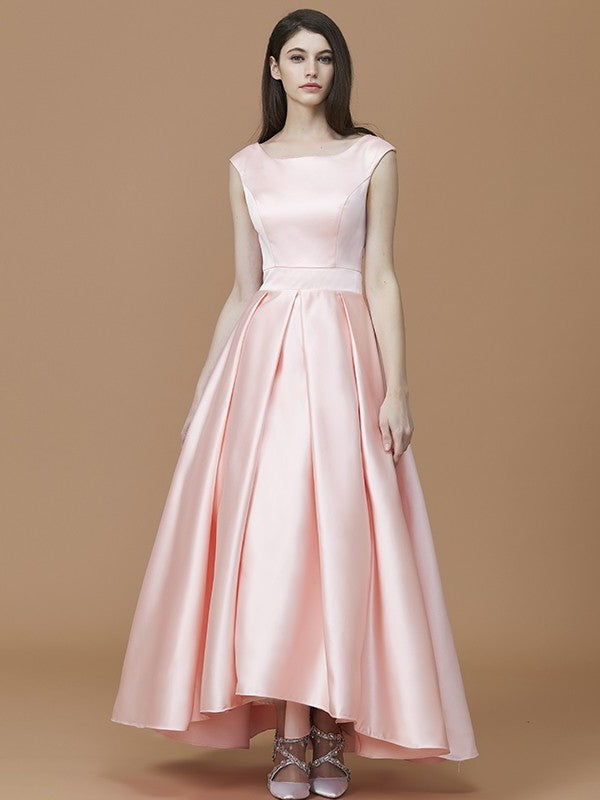 Asymmetrical Sleeveless A-Line/Princess Ruffles Bateau Satin Bridesmaid Dresses