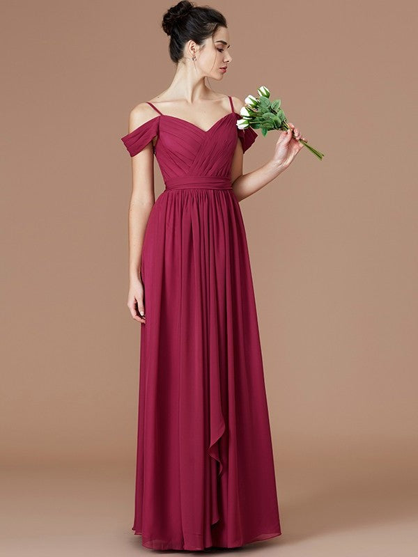 A-Line/Princess Ruched Off-the-Shoulder Sleeveless Floor-Length Chiffon Bridesmaid Dresses