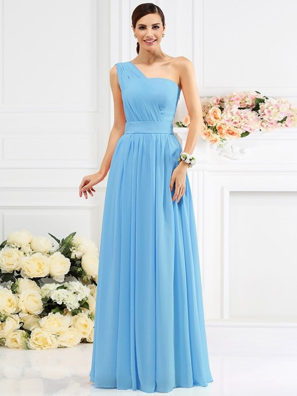 One-Shoulder Pleats A-Line/Princess Long Sleeveless Chiffon Bridesmaid Dresses