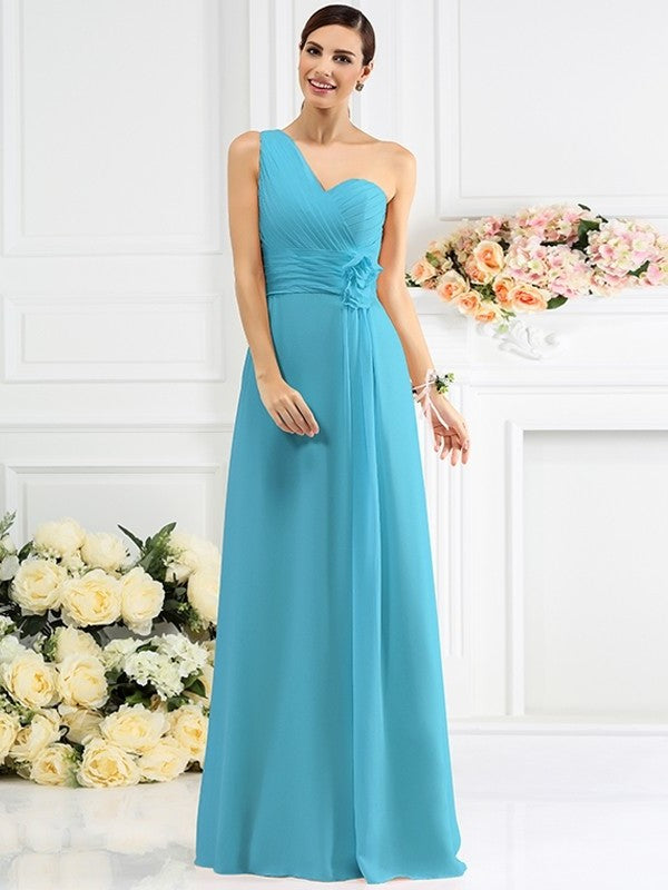 Pleats Sleeveless One-Shoulder Long A-Line/Princess Chiffon Bridesmaid Dresses