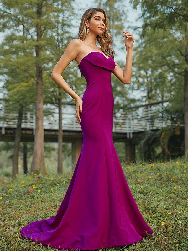 Sheath/Column Sweep/Brush Ruched Sleeveless Stretch Sweetheart Crepe Train Bridesmaid Dresses