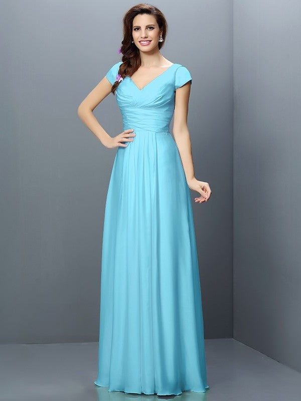 Sleeves Pleats A-Line/Princess V-neck Short Long Chiffon Bridesmaid Dresses