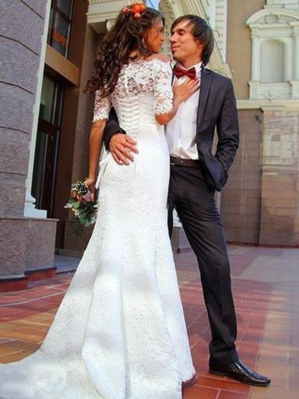 Sleeves Trumpet/Mermaid Lace Off-the-Shoulder Sweep/Brush 1/2 Train Wedding Dresses