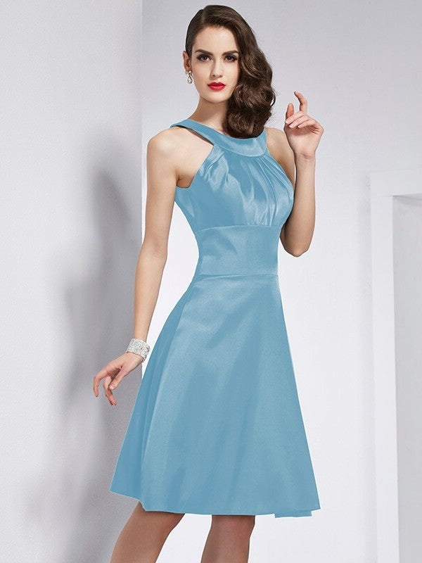 Short Elastic Woven Pleats Sleeveless Scoop A-Line/Princess Satin Bridesmaid Dresses