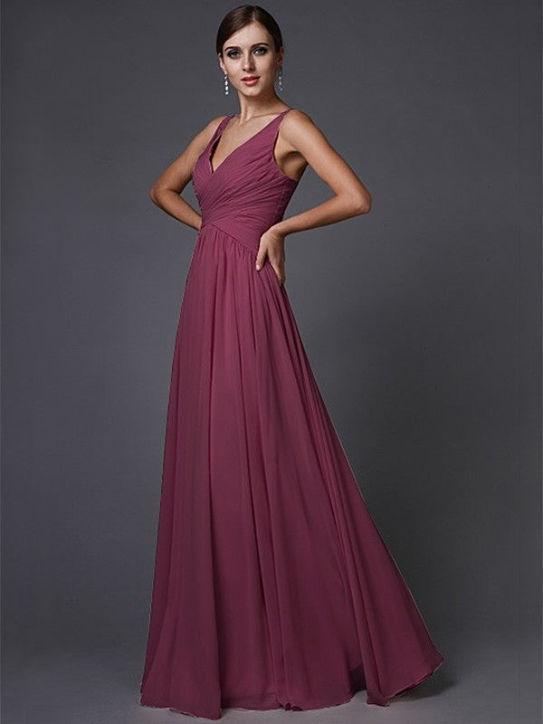 A-Line/Princess Ruffles V-neck Sleeveless Long Chiffon Bridesmaid Dresses