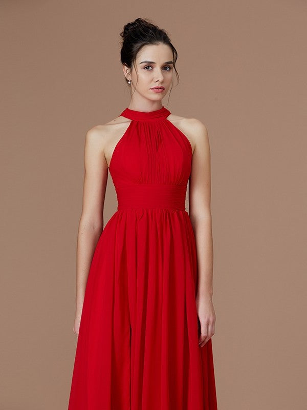 A-Line/Princess Halter Sleeveless Floor-Length Ruched Chiffon Bridesmaid Dresses