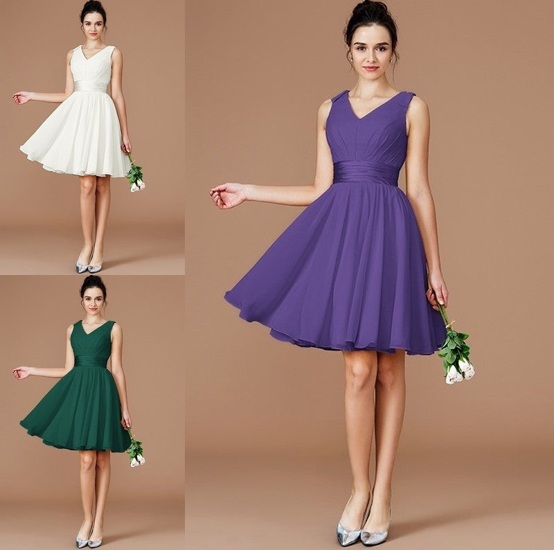 A-Line/Princess Sash/Ribbon/Belt Short/Mini Sleeveless V-neck Chiffon Bridesmaid Dresses