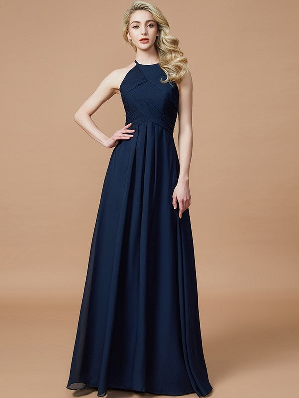 Sleeveless Ruched Floor-Length Halter A-Line/Princess Chiffon Bridesmaid Dresses