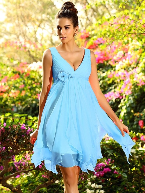 Ruffles Sleeveless A-Line/Princess Short V-neck Chiffon Bridesmaid Dresses