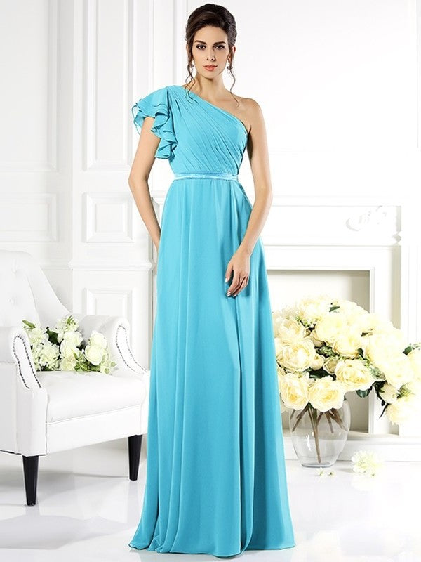 Sleeveless One-Shoulder Ruffles A-Line/Princess Long Chiffon Bridesmaid Dresses