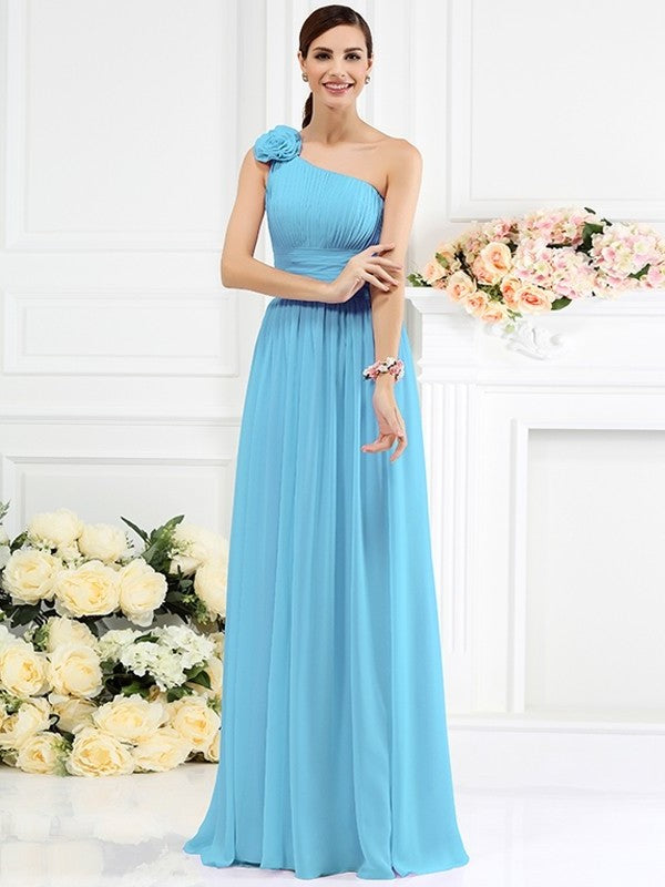 A-Line/Princess Flower Sleeveless One-Shoulder Long Pleats Hand-Made Chiffon Bridesmaid Dresses