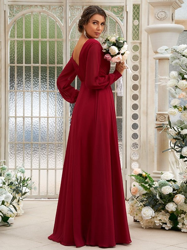 Chiffon Ruched Long V-neck Sleeves A-Line/Princess Floor-Length Bridesmaid Dresses