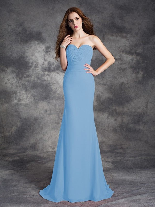 Sleeveless Ruched Trumpet/Mermaid Long Sweetheart Chiffon Bridesmaid Dresses