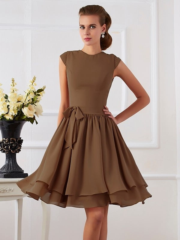 Sleeveless Short Neck High Sash/Ribbon/Belt Sheath/Column Chiffon Bridesmaid Dresses