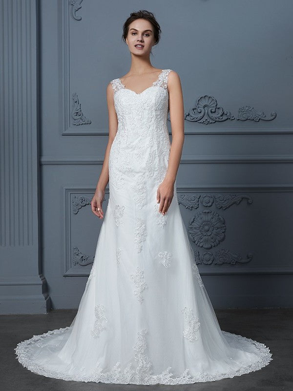 Trumpet/Mermaid Lace Sleeveless V-neck Train Court Tulle Wedding Dresses