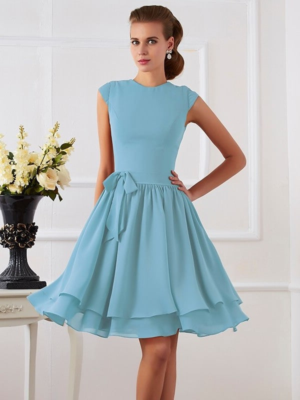 Sleeveless Short Neck High Sash/Ribbon/Belt Sheath/Column Chiffon Bridesmaid Dresses