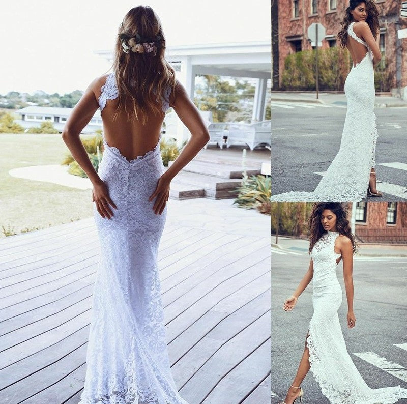 Lace Halter Sweep/Brush Sleeveless Trumpet/Mermaid Train Wedding Dresses